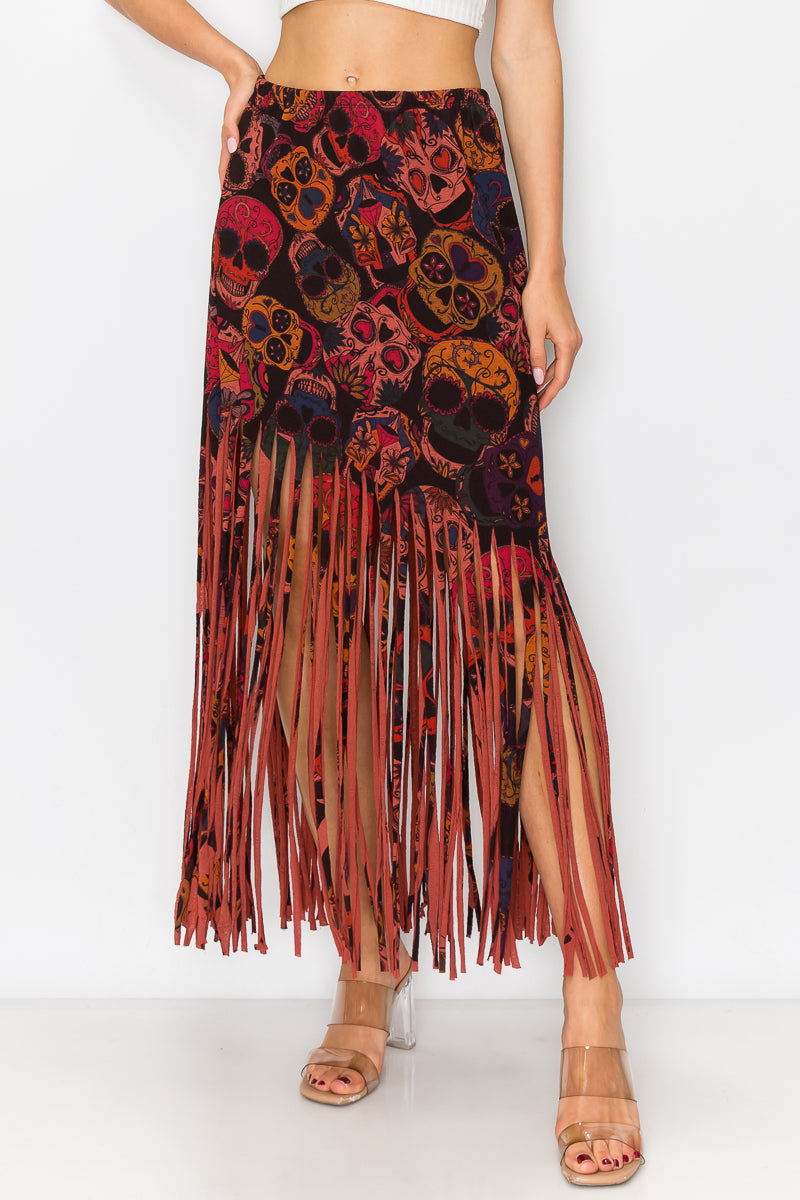Asymmetric Skull Printed Women Fringe Skirt