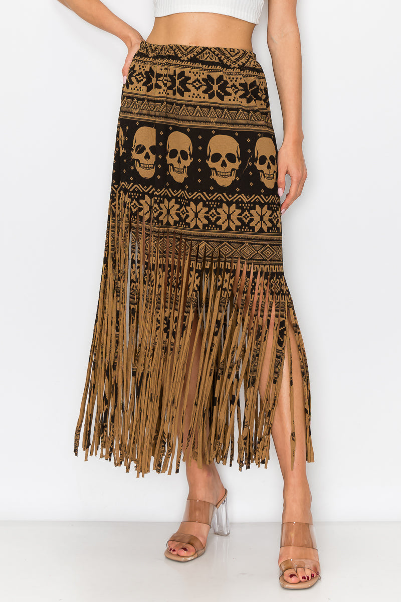 Elastic Waist Skull Printed Fringe Skirt