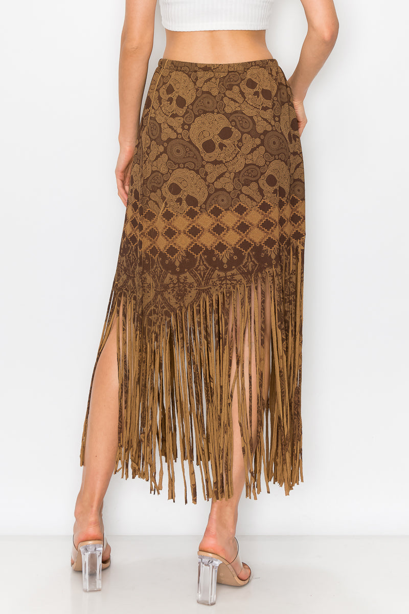 Asymmetric Skull Printed Fringe Ladies Skirt