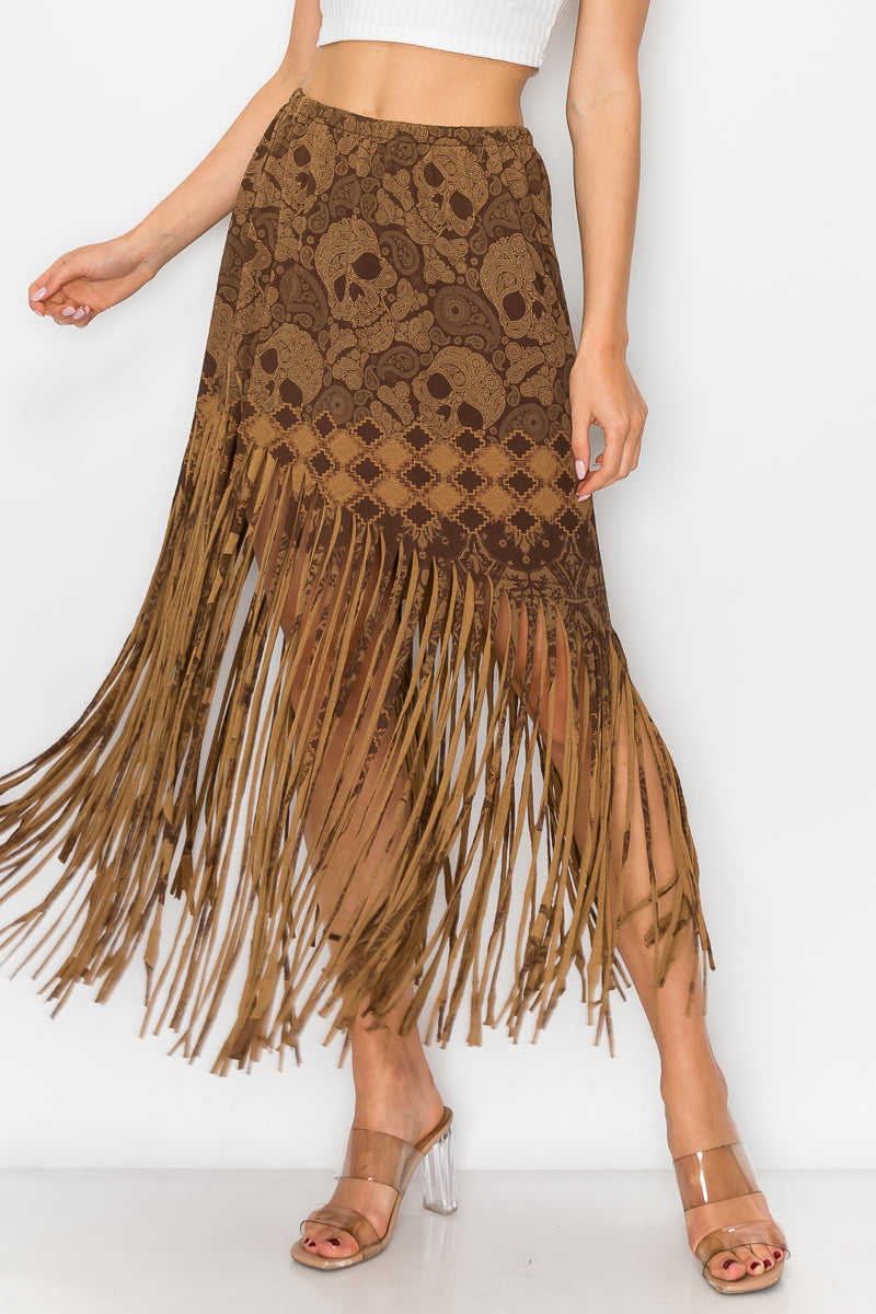 Asymmetric Skull Printed Fringe Ladies Skirt