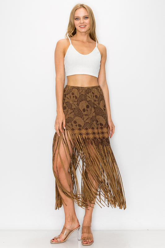 Asymmetric Skull Printed Fringe Ladies Skirt