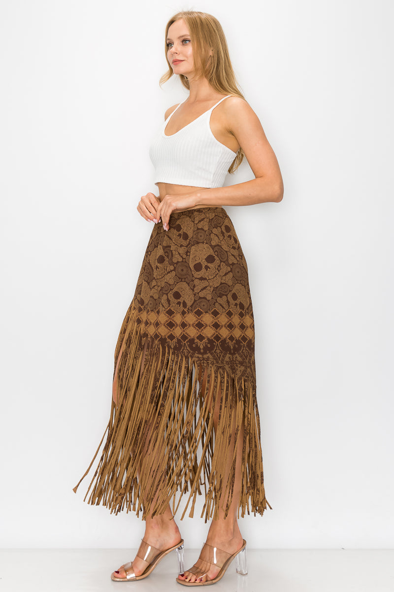 Asymmetric Skull Printed Fringe Ladies Skirt