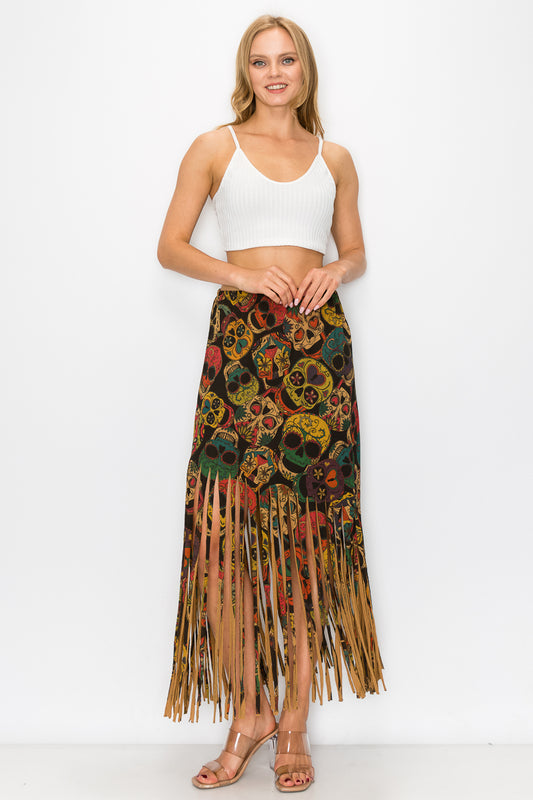 Sublimation Sugar Skull Printed Fringe Skirt for Women