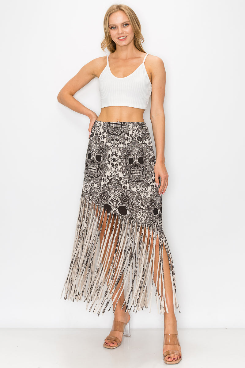 Sublimation Skull Printed Elastic Waist Fringe Skirt