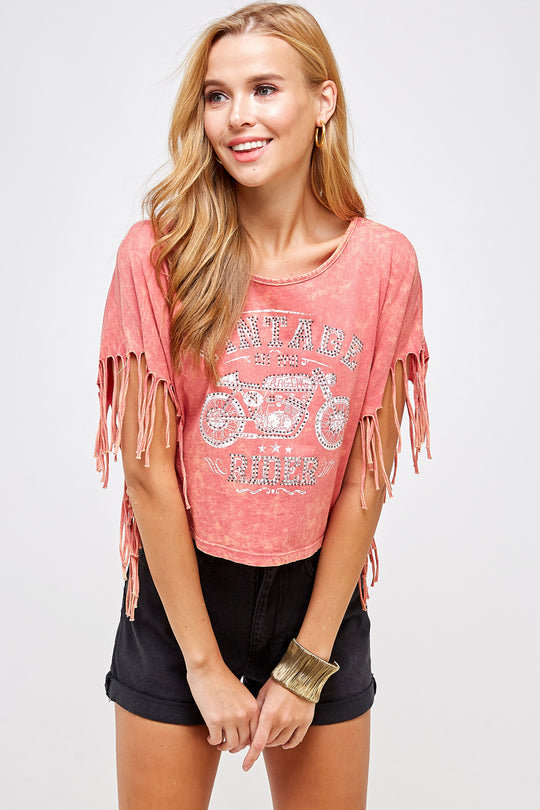 Boat Neck Mineral Washed Vintage Ride Crop Top Fringed Sleeves