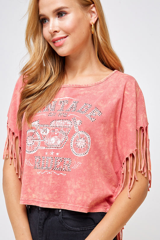 Boat Neck Mineral Washed Vintage Ride Crop Top Fringed Sleeves