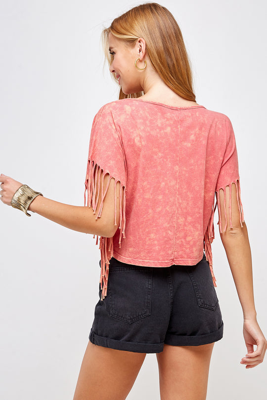 Boat Neck Mineral Washed Vintage Ride Crop Top Fringed Sleeves