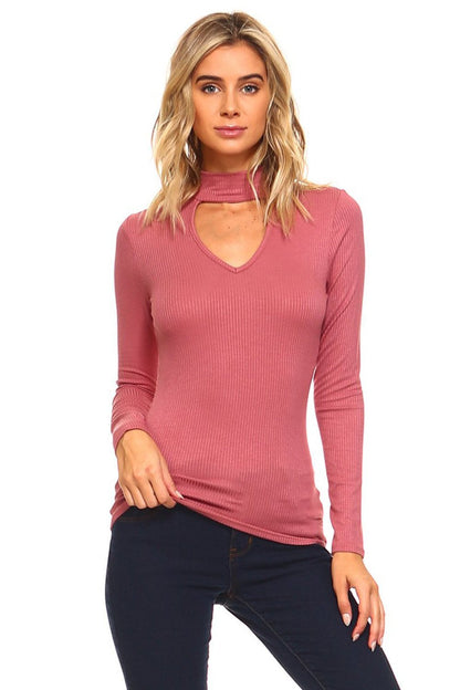 Soft Ribbed Fitted Mock Neck Long Sleeve Top