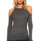 Soft Ribbed Cold Shoulder Mock Neck Fitted Long Sleeve Top
