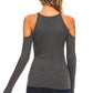 Soft Ribbed Cold Shoulder Mock Neck Fitted Long Sleeve Top