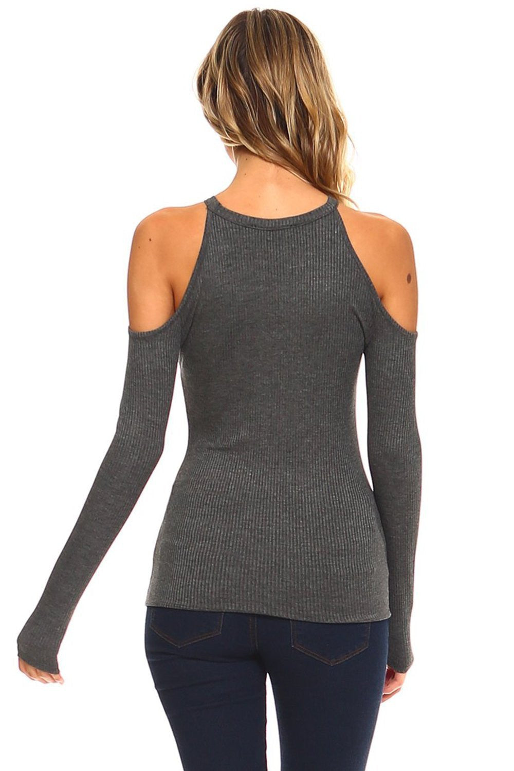 Soft Ribbed Cold Shoulder Mock Neck Fitted Long Sleeve Top