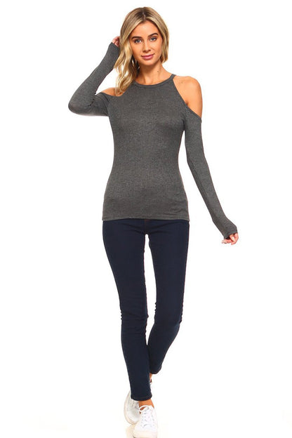 Soft Ribbed Cold Shoulder Mock Neck Fitted Long Sleeve Top