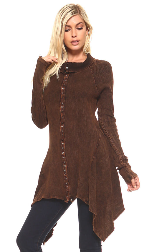 Soft Mineral washed Long sleeve Thermal Tunic Outerwear with Button down Collar