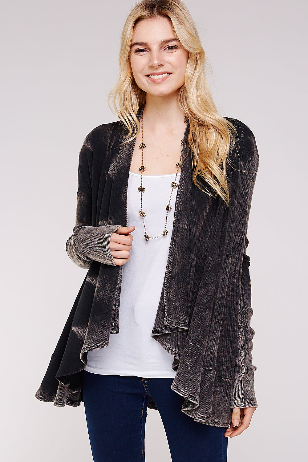 Black Maho Two Tone Mineral Tie Dye Long Sleeve A-Line Thermal Cardigan