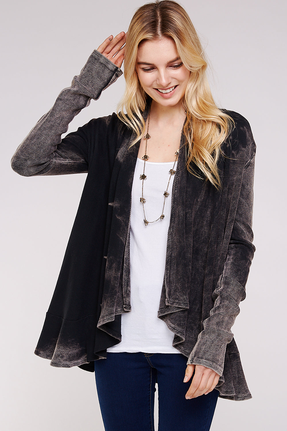 Black Maho Two Tone Mineral Tie Dye Long Sleeve A-Line Thermal Cardigan