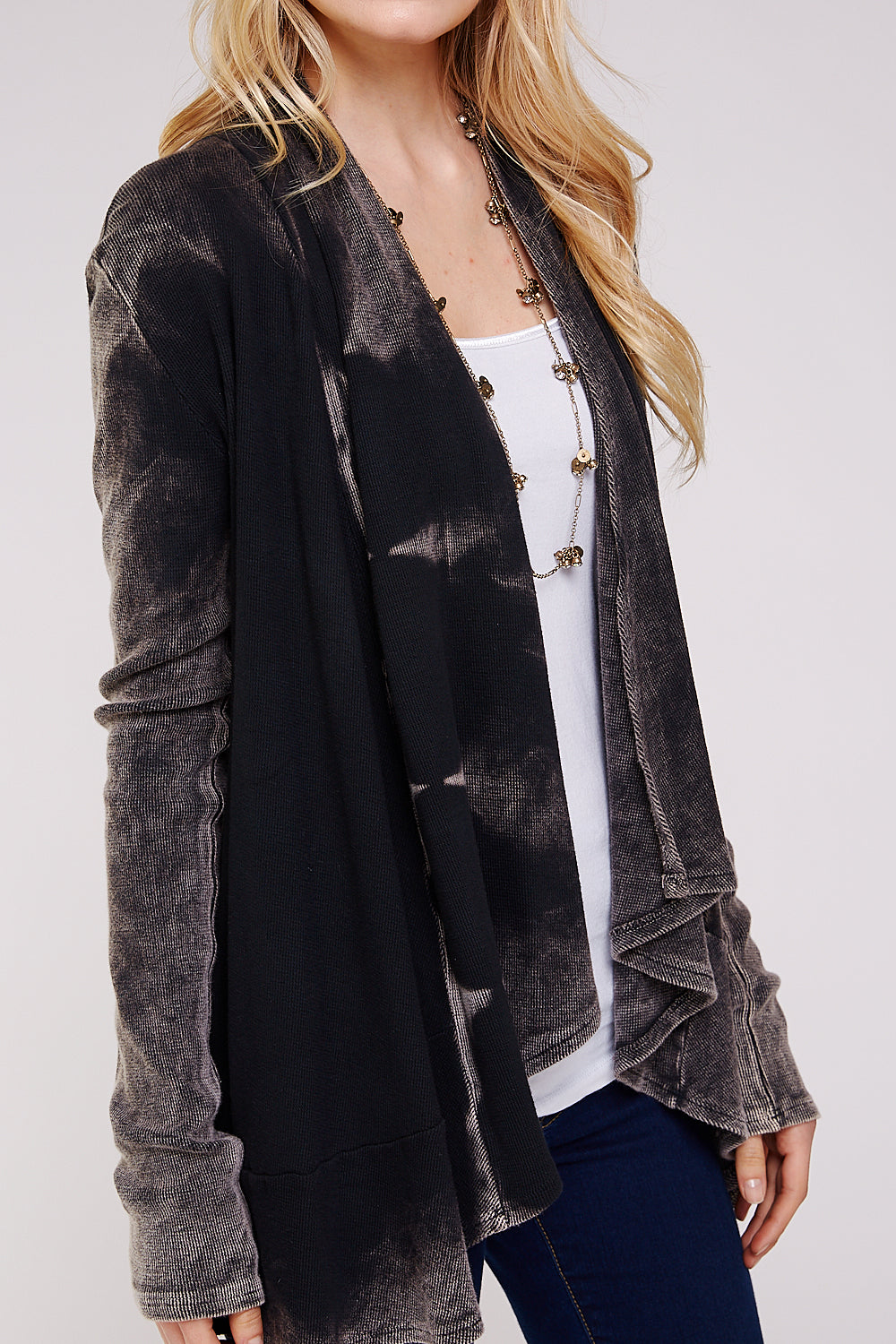 Black Maho Two Tone Mineral Tie Dye Long Sleeve A-Line Thermal Cardigan