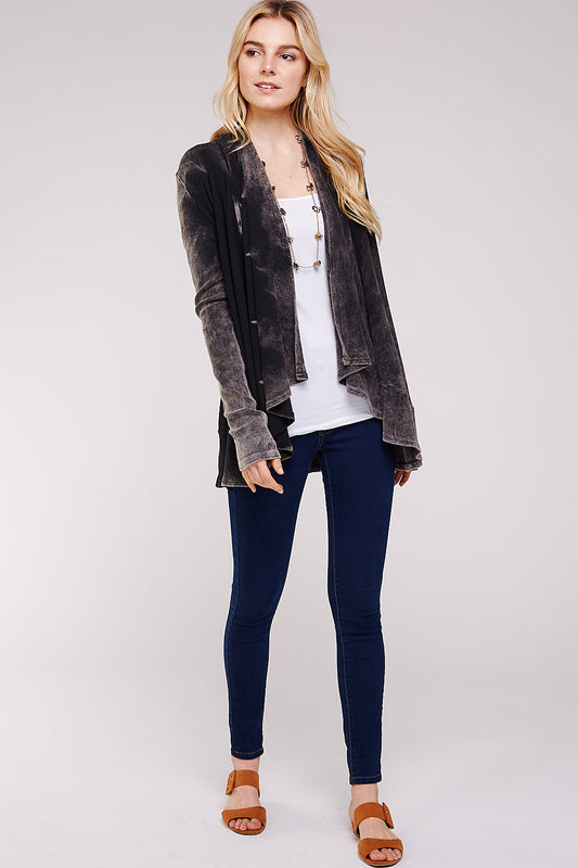 Black Maho Two Tone Mineral Tie Dye Long Sleeve A-Line Thermal Cardigan