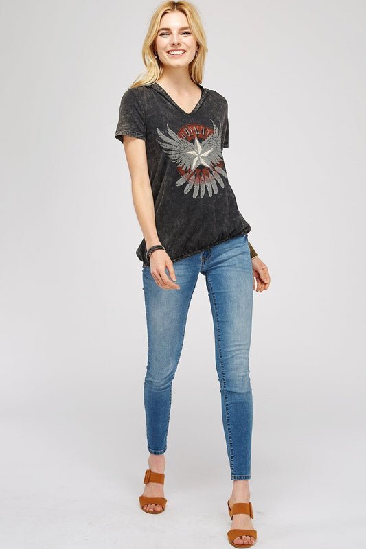 Black Mineral Washed V-Neck Short Sleeve With oyalty Angel Wings