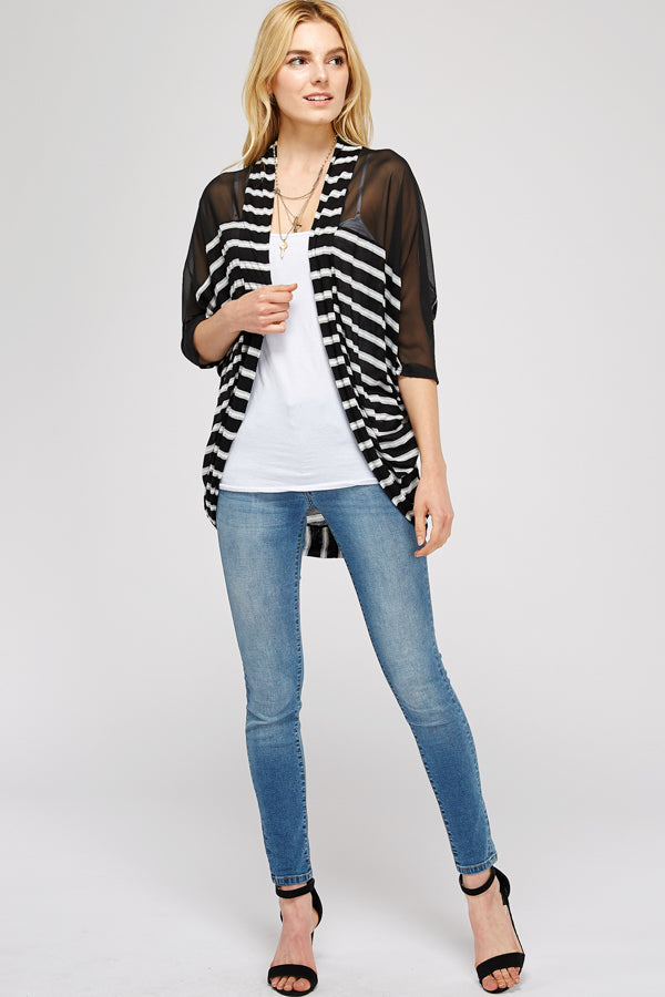 Light And Breezy Black and White Stripe Hi/Low Ballon Wrap Cardigan With Dalgon Sleeve