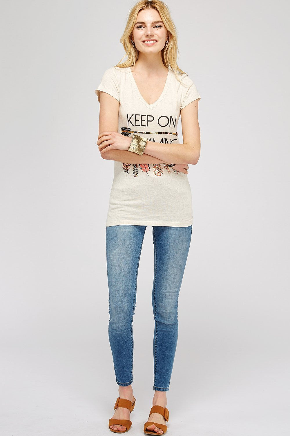 Women Plus Size Graphic Tee - Beige Cotton V neck Short Sleeve