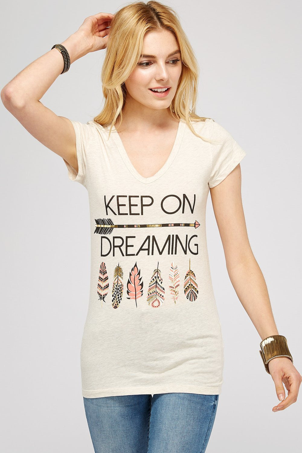 Women Plus Size Graphic Tee - Beige Cotton V neck Short Sleeve