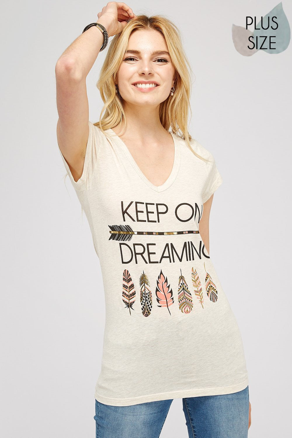 Women Plus Size Graphic Tee - Beige Cotton V neck Short Sleeve