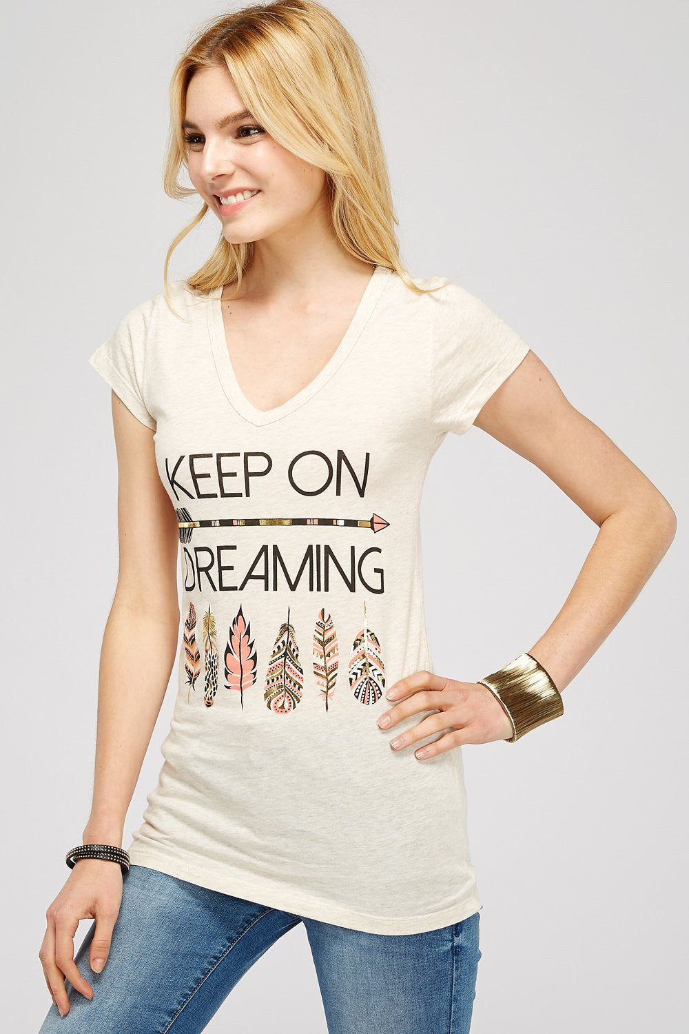 Women Plus Size Graphic Tee - Beige Cotton V neck Short Sleeve