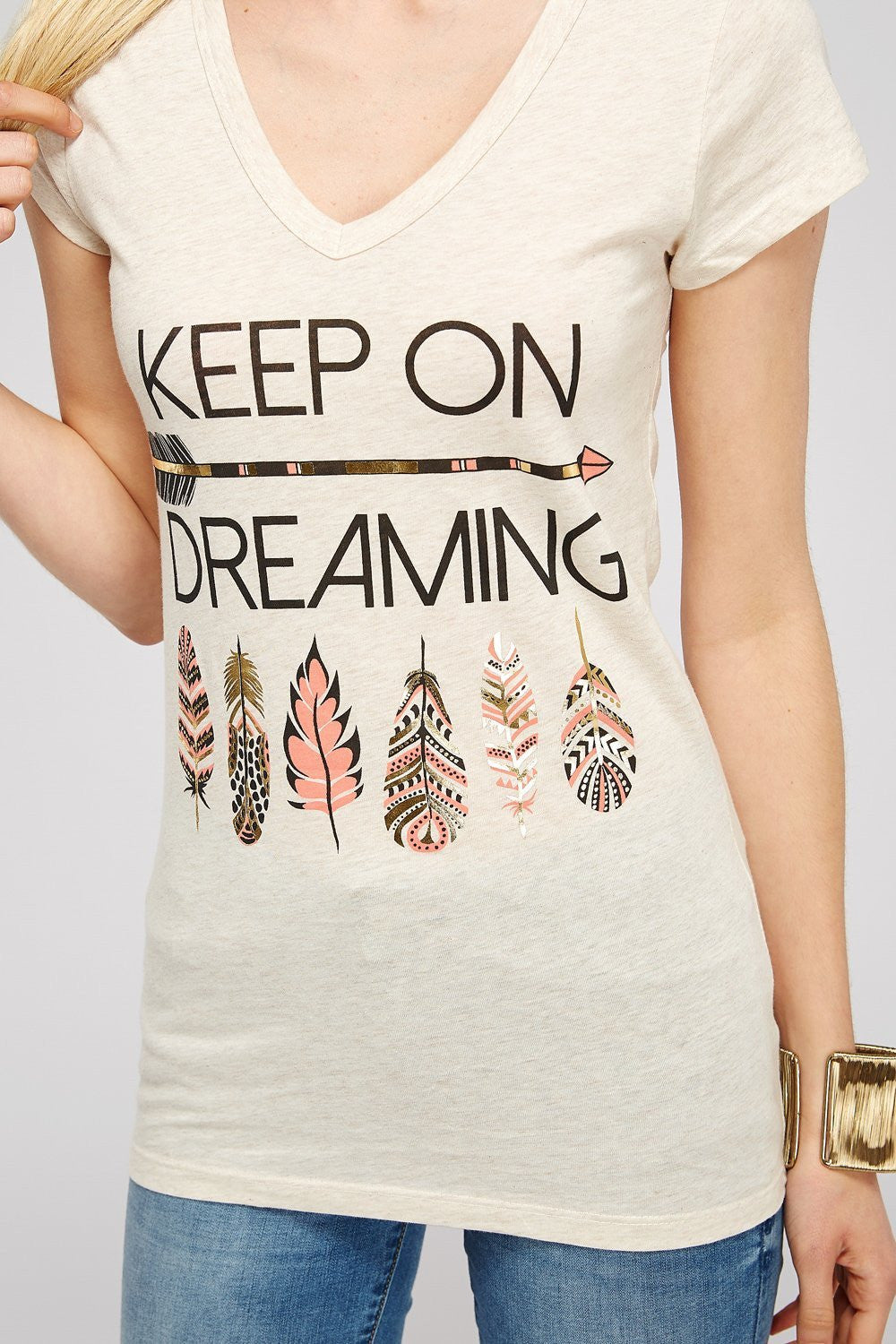 Women Plus Size Graphic Tee - Beige Cotton V neck Short Sleeve
