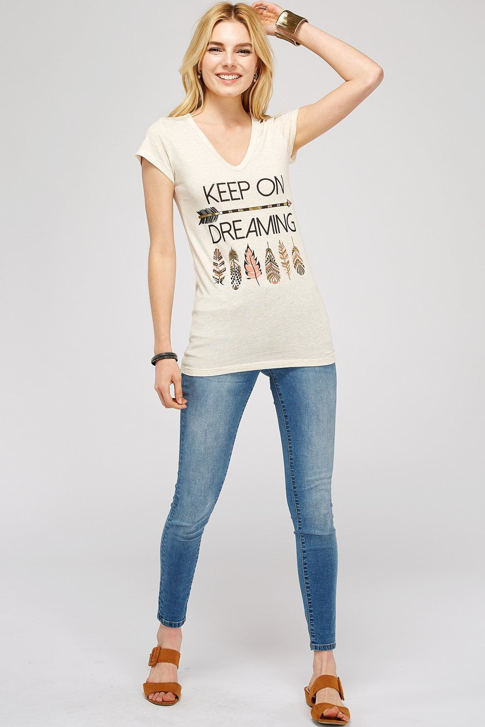 Women Plus Size Graphic Tee - Beige Cotton V neck Short Sleeve