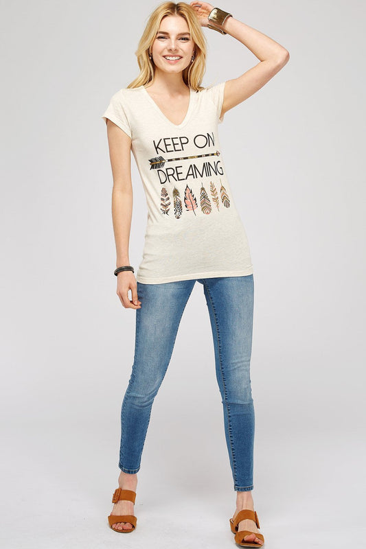 Beige Cotton V-Neck Short Sleeve With Graphic Tee