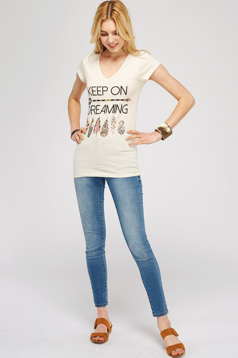 Women Plus Size Graphic Tee - Beige Cotton V neck Short Sleeve
