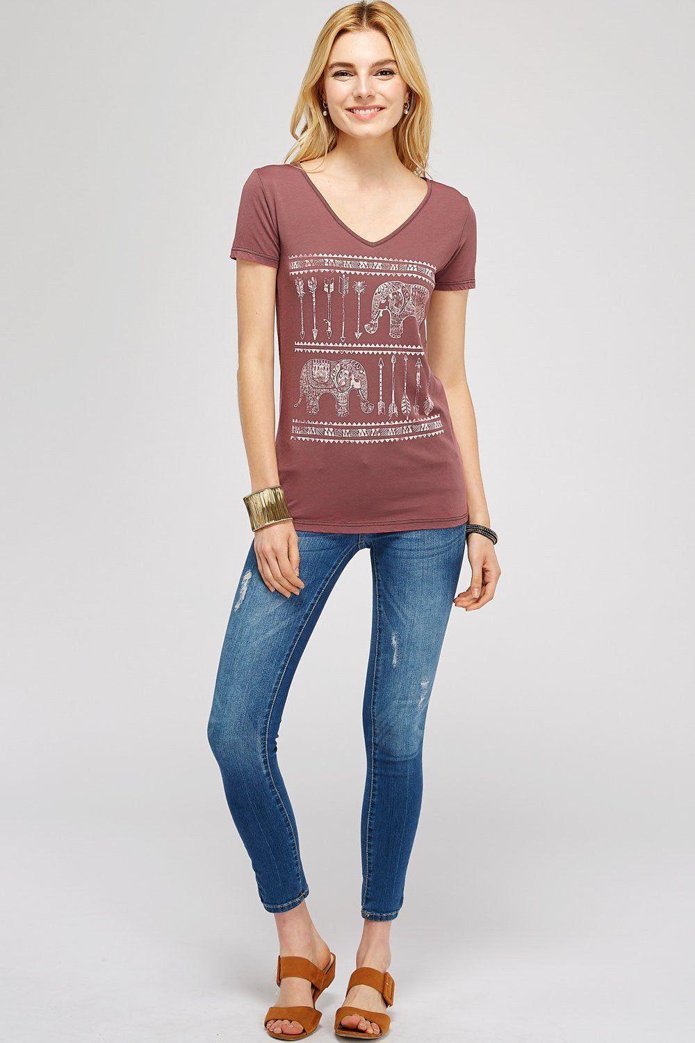 V-Neck Burnout Washed Elephant Arrow With Graphic Pee