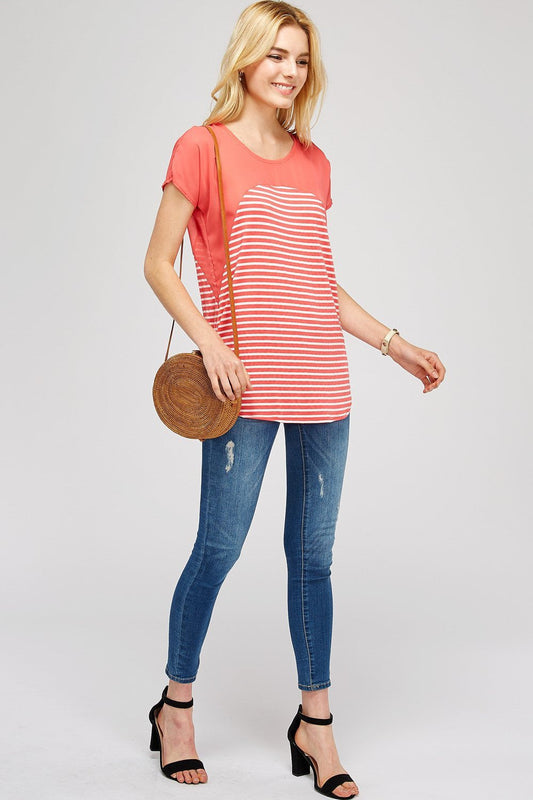 Striped Scoop Neck Short Sleeve Casual Chiffon Top With Upper Mesh Lining