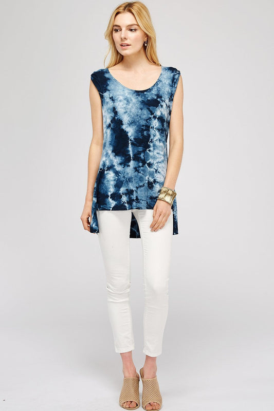 Women's Tunic Tops -  Navy & White Crystal Tie Dye Scuffed Sleeve