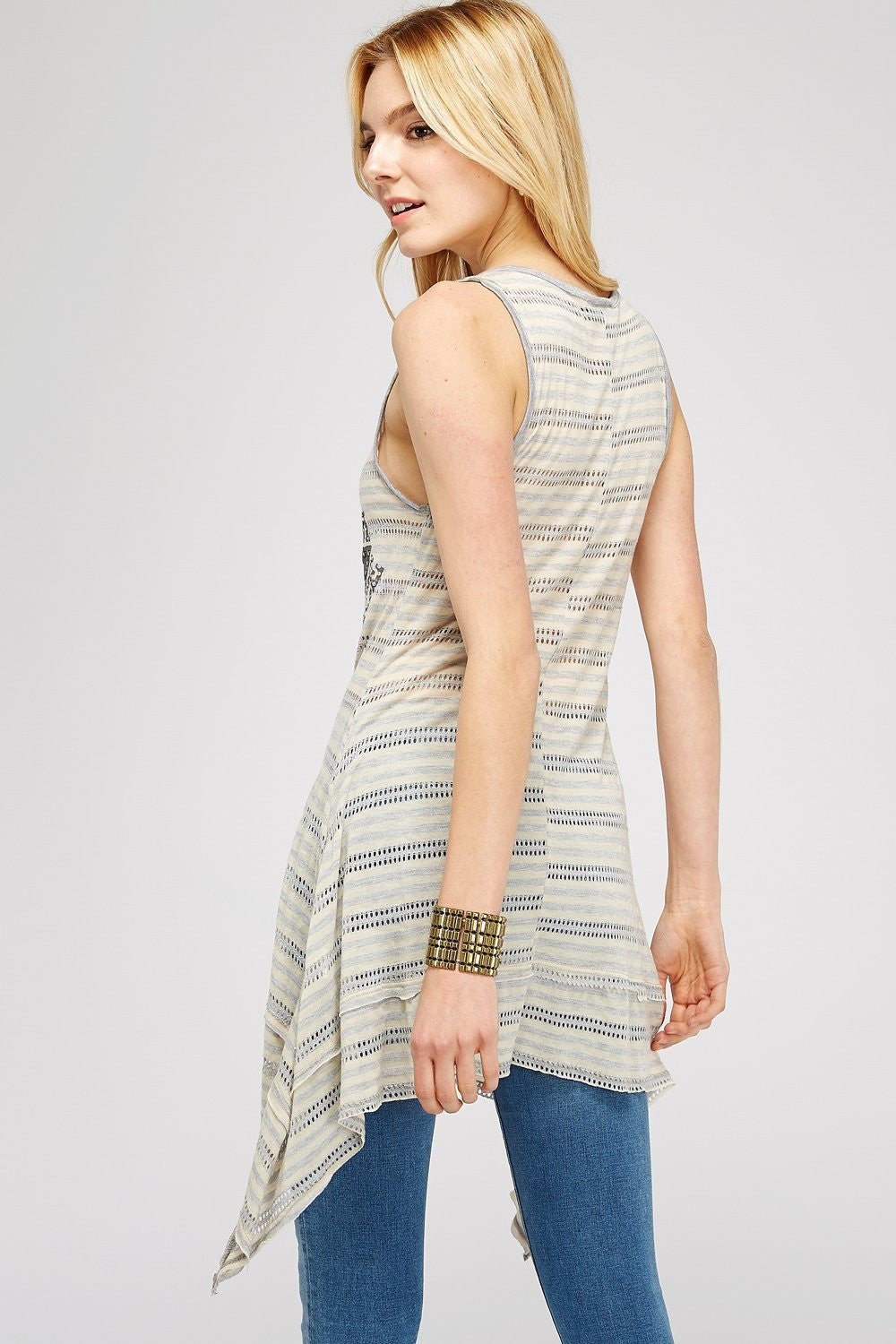 Women Tops -  Grey U-neck Perforated Two Tone Stripe Tunic Tank Top