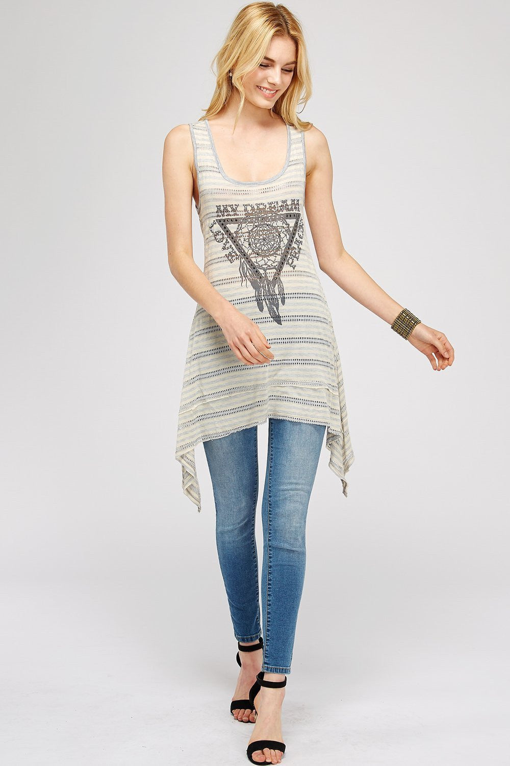 Women Tops -  Grey U-neck Perforated Two Tone Stripe Tunic Tank Top
