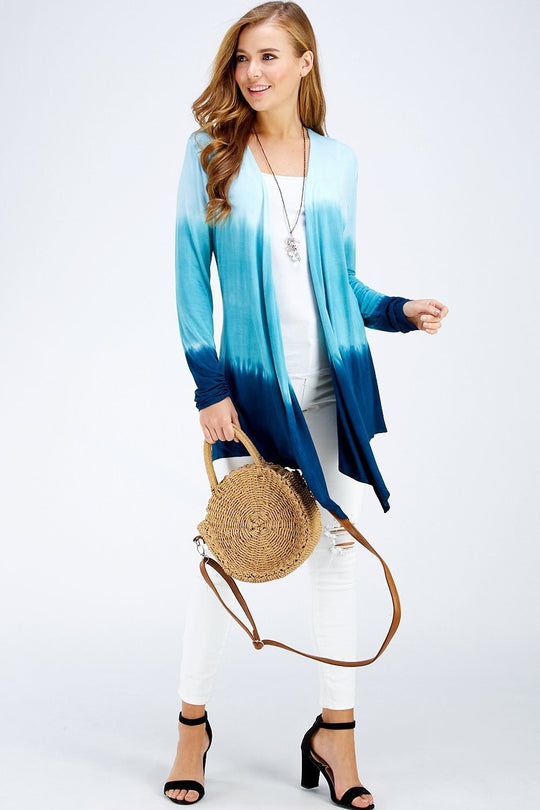 Ocean Blue Three Tone Ombre Tie Dye Long Sleeve A-line Cardigan/Shark Bite Hems
