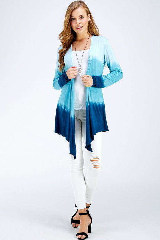 Ocean Blue Three Tone Ombre Tie Dye Long Sleeve A-line Cardigan/Shark Bite Hems