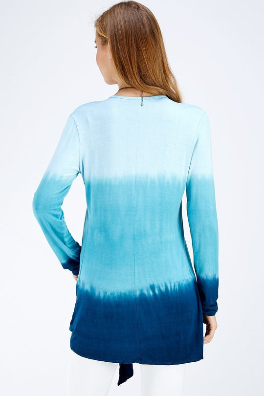 Ocean Blue Three Tone Ombre Tie Dye Long Sleeve A-line Cardigan/Shark Bite Hems