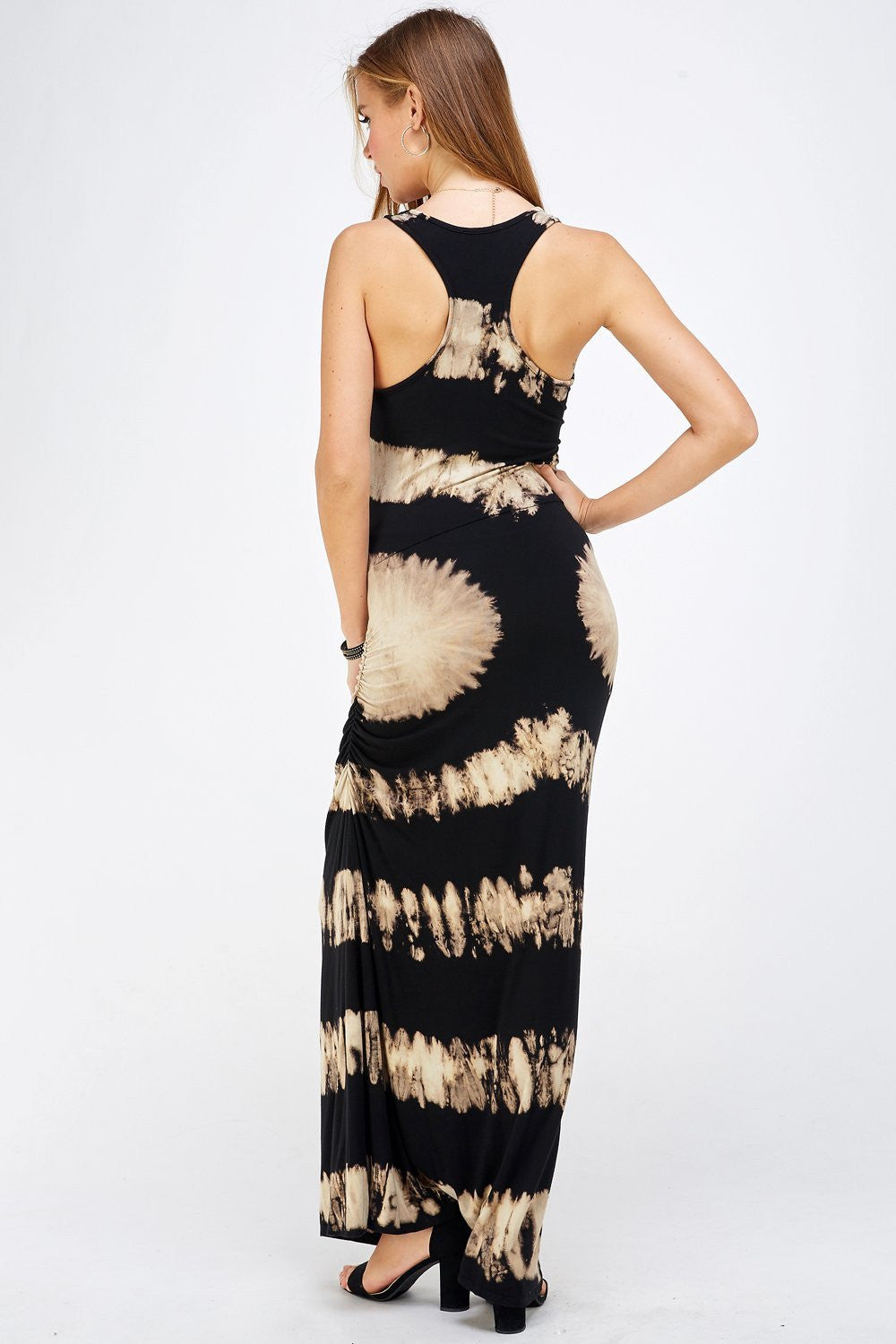 Black & Mocha Two Tone Tie Dye U-neck Racer Back Maxi Dress for Women