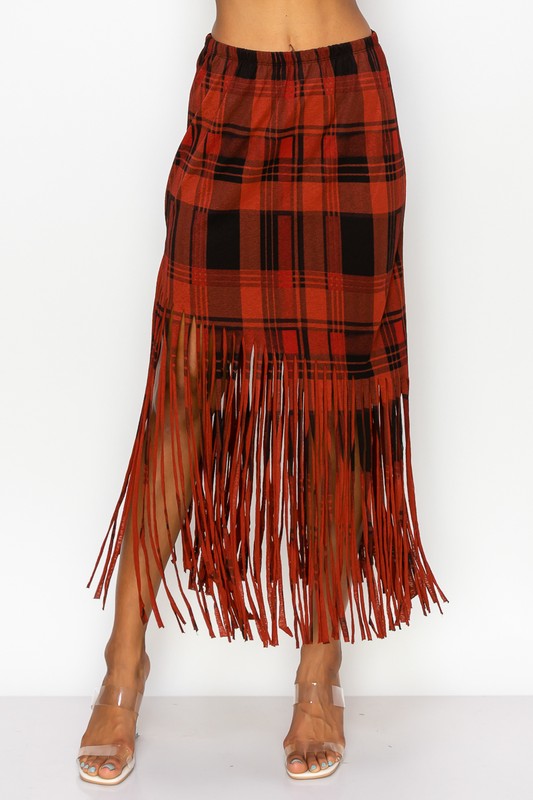 Sublimation Rust Plaid Printed Women Fringe Skirt