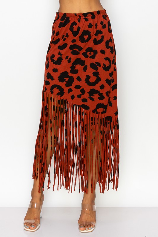 Women Fringe Skirt - Sublimation Rust Leopard Printed