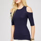 Women's Top - Soft Ribbed Half Sleeve Cold Shoulder Fitted Knit top