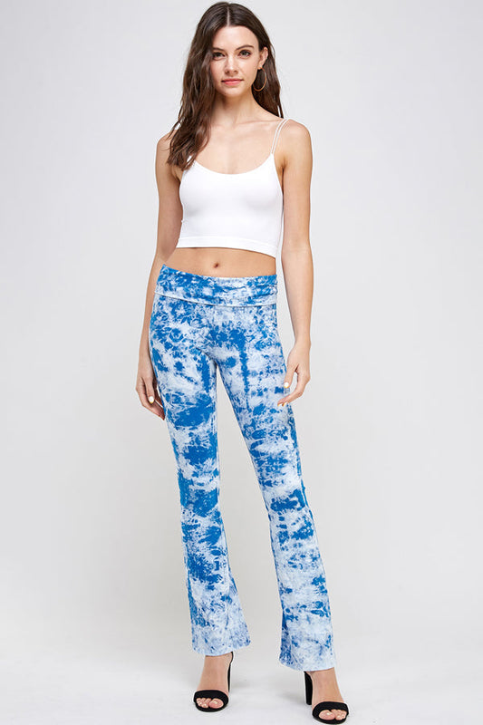 Women's Tie Dye Print Yoga Pants  -  Urban X Teal Marble Fold Over