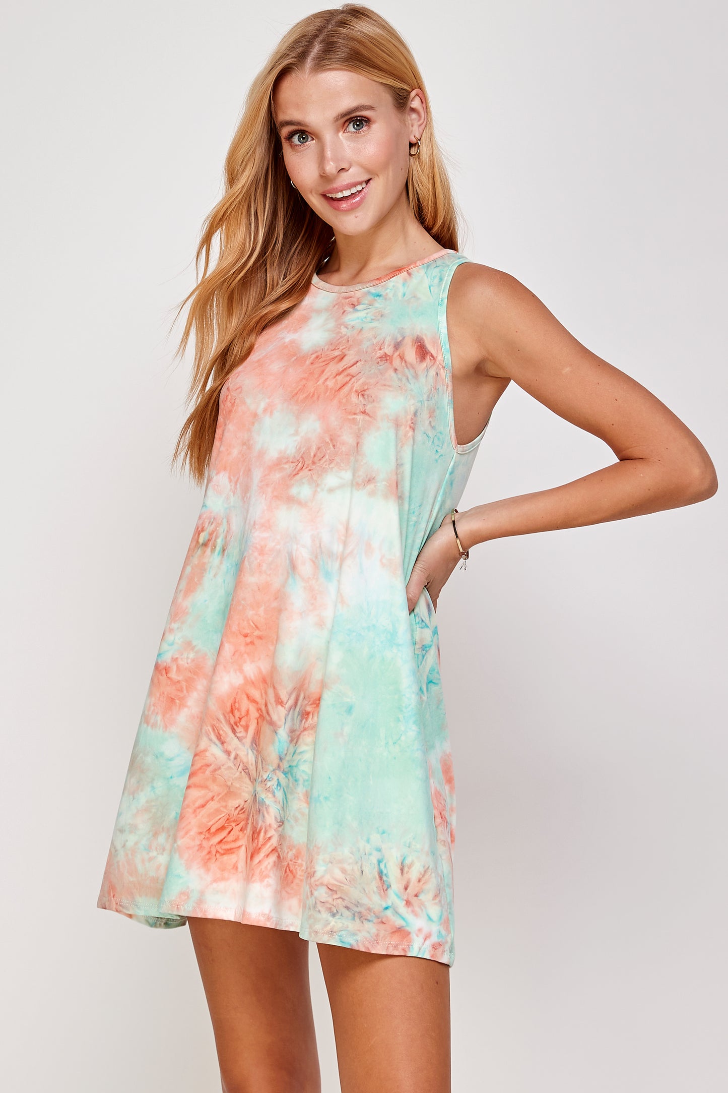 Tie dye Mock Neck A line Shift Midi Tank Dress