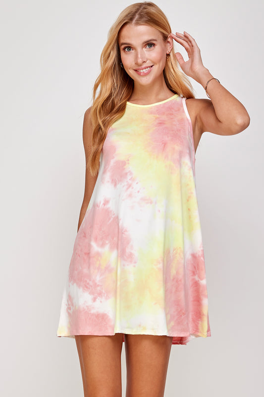 Tie dye Mock Neck A line Shift Midi Tank Dress