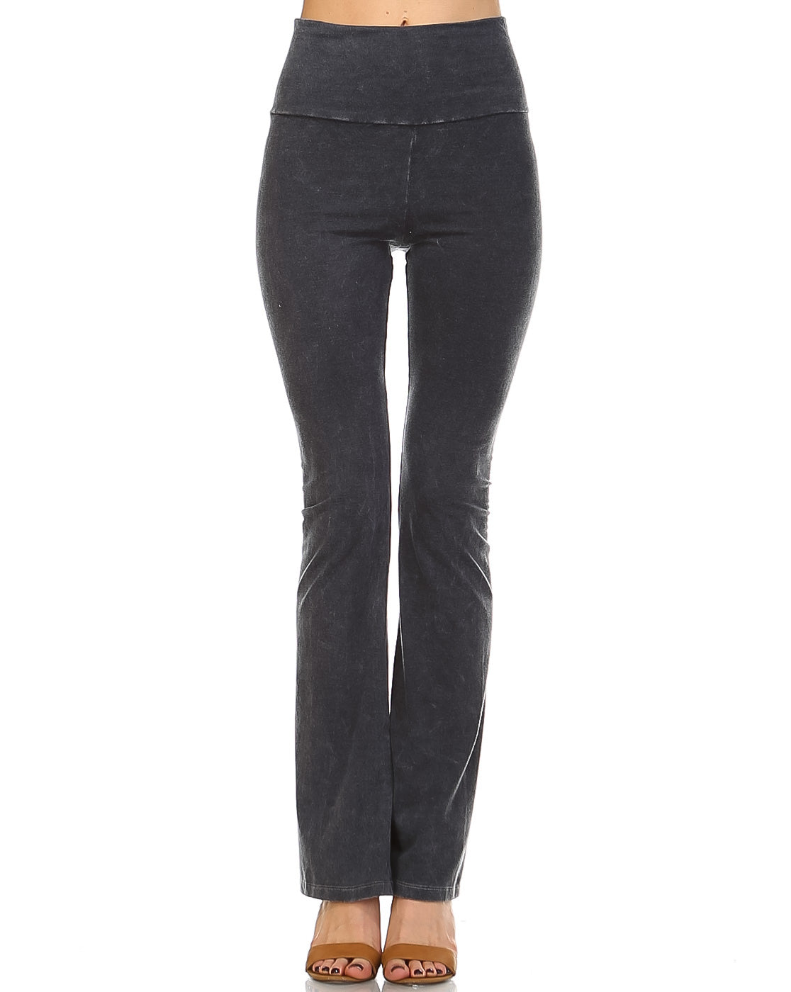 Mineral Wash Yoga Pants - Women's Casual Fold Over Waistband Flared Leg