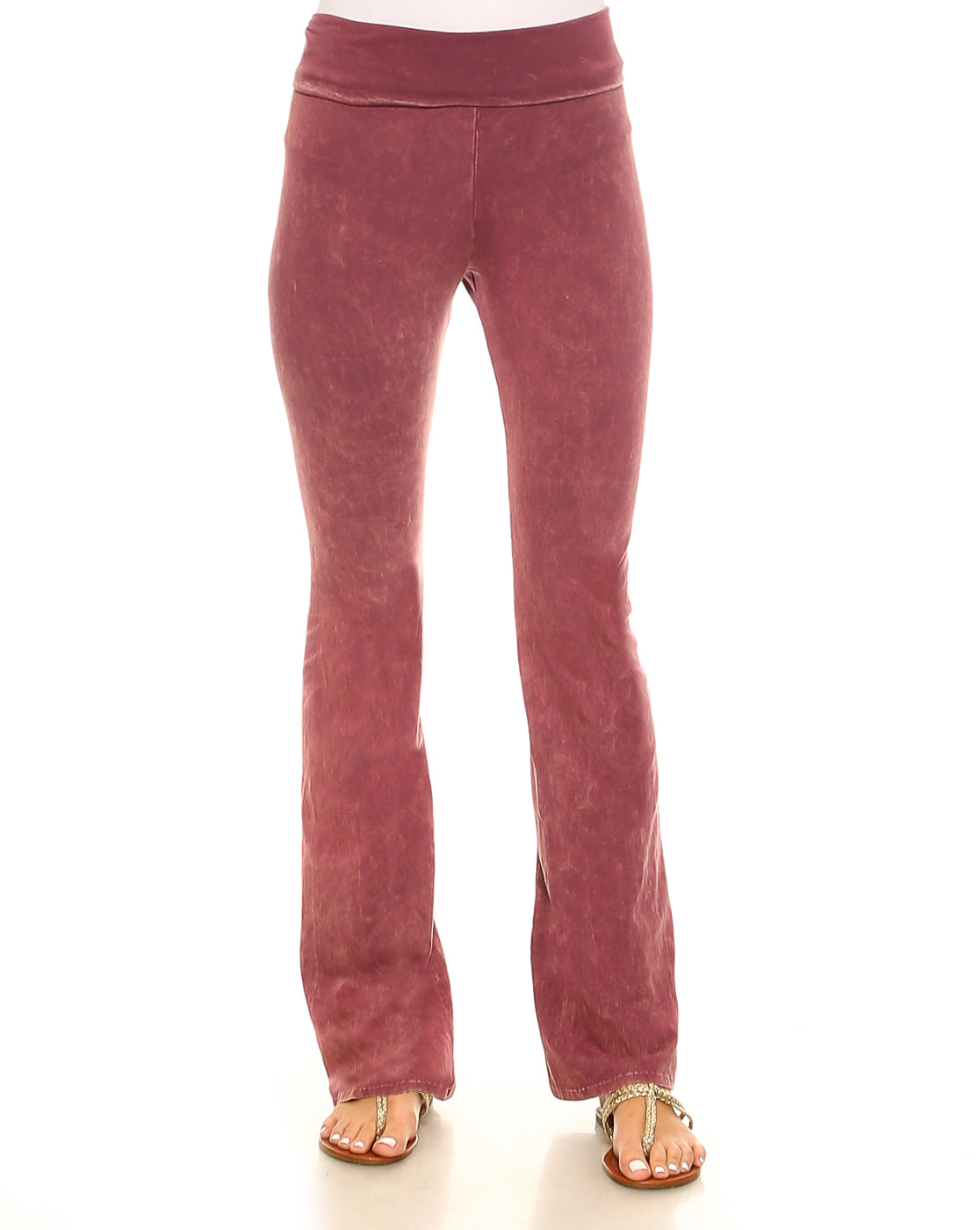 Mineral Wash Yoga Pants - Women's Casual Fold Over Waistband Flared Leg