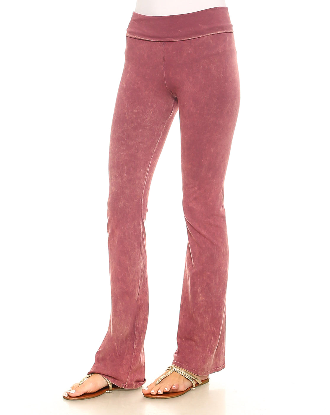 Mineral Wash Yoga Pants - Women's Casual Fold Over Waistband Flared Leg