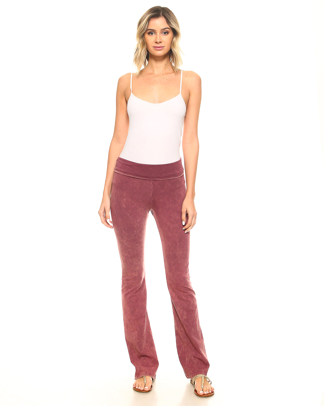 Mineral Wash Yoga Pants - Women's Casual Fold Over Waistband Flared Leg